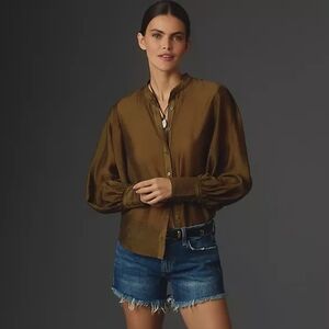 Anthropologie Olive Green Satin Button-Front Blouse